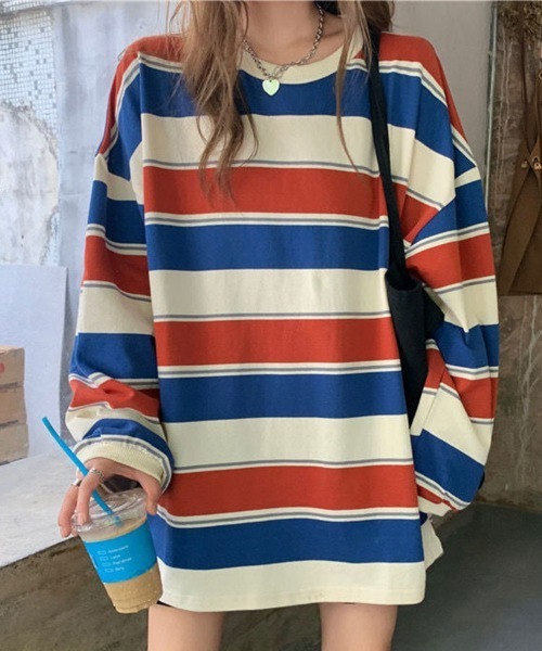SallyLunn(サリーラン)の「配色ボーダー オーバーサイズプルオーバー(Tシャツ/カットソー・レディース・ネイビー/レッド・MEDIUM/LARGE)」の8枚目の写真