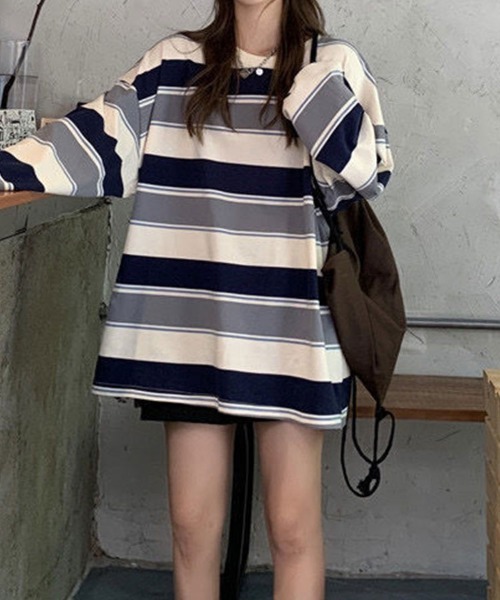 SallyLunn(サリーラン)の「配色ボーダー オーバーサイズプルオーバー(Tシャツ/カットソー・レディース・ネイビー/レッド・MEDIUM/LARGE)」の10枚目の写真
