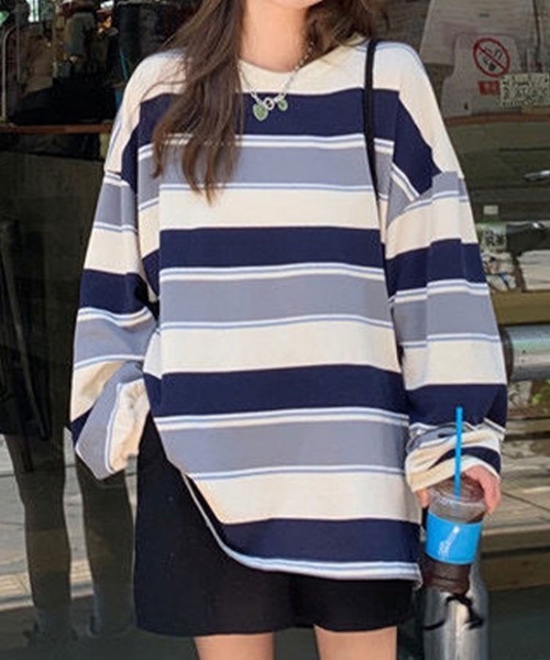 SallyLunn(サリーラン)の「配色ボーダー オーバーサイズプルオーバー(Tシャツ/カットソー・レディース・ネイビー/レッド・MEDIUM/LARGE)」の11枚目の写真