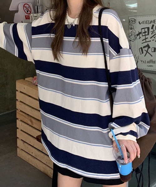 SallyLunn(サリーラン)の「配色ボーダー オーバーサイズプルオーバー(Tシャツ/カットソー・レディース・ネイビー/レッド・MEDIUM/LARGE)」の13枚目の写真