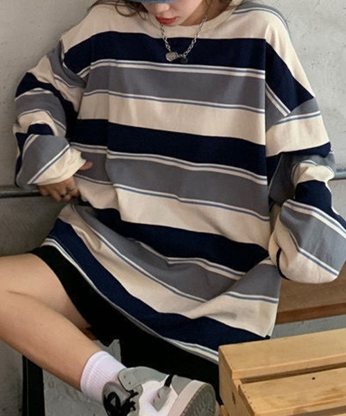 SallyLunn(サリーラン)の「配色ボーダー オーバーサイズプルオーバー(Tシャツ/カットソー・レディース・ネイビー/レッド・MEDIUM/LARGE)」の15枚目の写真
