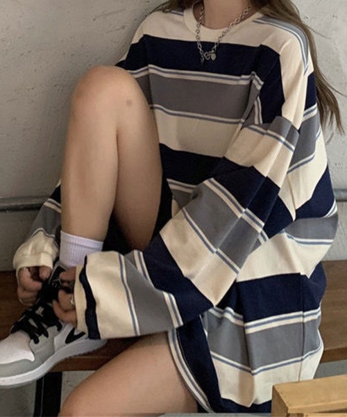 SallyLunn(サリーラン)の「配色ボーダー オーバーサイズプルオーバー(Tシャツ/カットソー・レディース・ネイビー/レッド・MEDIUM/LARGE)」の16枚目の写真