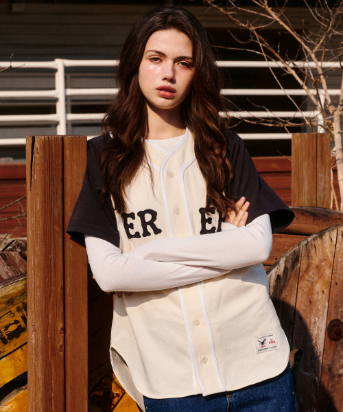 ERER（エルエル）の「ERER Color Block Baseball Shirts Charcoal（シャツ/ブラウス・レディース・チャコール・F）」の5枚目の写真