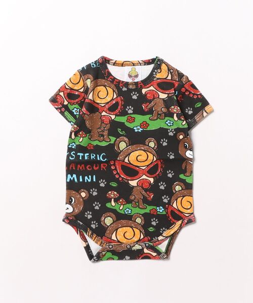 HYSTERIC MINI(ヒステリックミニ)の「SEEK A BABY BEAR総柄 半袖ロンパース(スタイ/よだれかけ・キッズ・ホワイト/ブラック・70/80)」の1枚目の写真