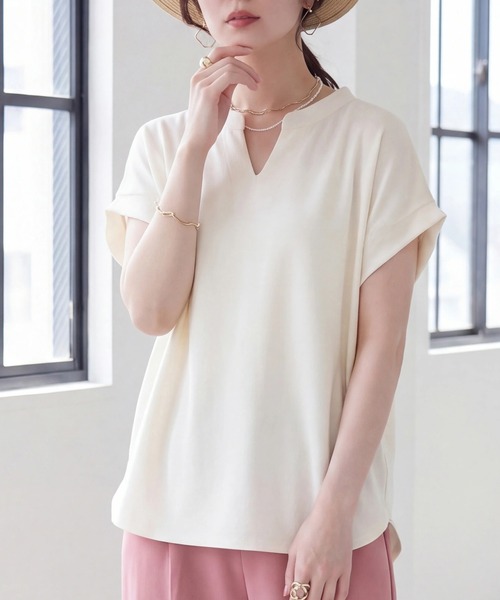 SELECT LEVERY(セレクトリベリー)の「天竺キーネックフレンチスリーブTシャツ(Tシャツ/カットソー・レディース・ブラック/ピンク/アイボリー・MEDIUM)」の1枚目の写真