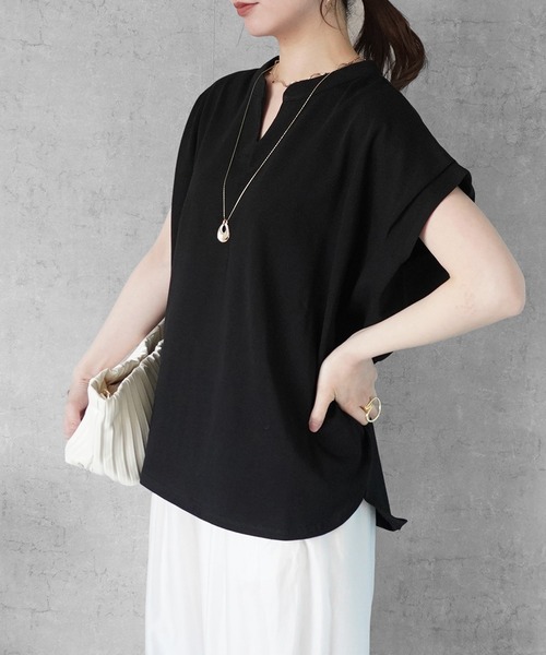 SELECT LEVERY(セレクトリベリー)の「天竺キーネックフレンチスリーブTシャツ(Tシャツ/カットソー・レディース・ブラック/ピンク/アイボリー・MEDIUM)」の5枚目の写真