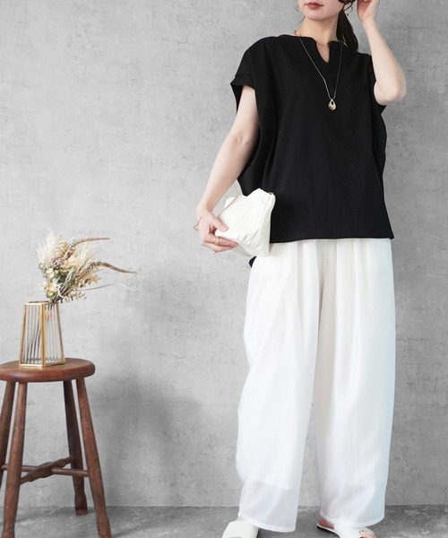SELECT LEVERY(セレクトリベリー)の「天竺キーネックフレンチスリーブTシャツ(Tシャツ/カットソー・レディース・ブラック/ピンク/アイボリー・MEDIUM)」の6枚目の写真