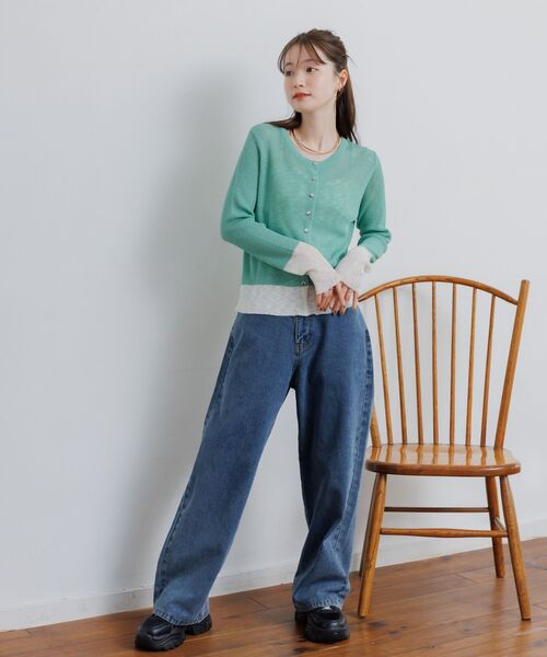 RETRO GIRL（レトロガール）の「バイカラーニットカーデ（カーディガン/ボレロ・レディース・グリーン/ベージュ/チャコールグレー・FREE）」の10枚目の写真