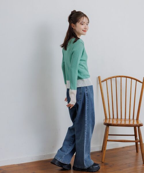 RETRO GIRL（レトロガール）の「バイカラーニットカーデ（カーディガン/ボレロ・レディース・グリーン/ベージュ/チャコールグレー・FREE）」の9枚目の写真