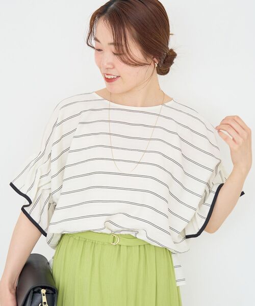 le.coeur blanc(ルクールブラン)の「ドビーボーダーギャザーブラウス(シャツ/ブラウス・レディース・パープル系その他/ブラック系その他/ホワイト系その他2・38)」の1枚目の写真