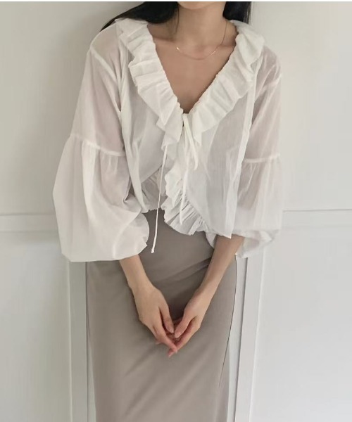 Lis ardent(リスアルダン)の「フリルVネックシアーカーディガン/UV対策・前開き・キャンディースリーブ・フェミニン(カーディガン/ボレロ・レディース・ホワイト/ブラック・M)」の8枚目の写真