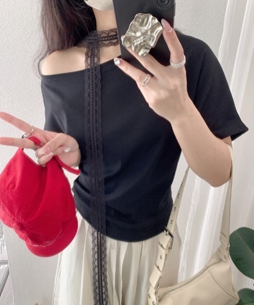 yuue' ( wear )(ユーイ)の「レーススカーフ付き オフショル半袖Tシャツ(Tシャツ/カットソー・レディース・ブラック系その他/ブラック/ホワイト・FREE)」の14枚目の写真