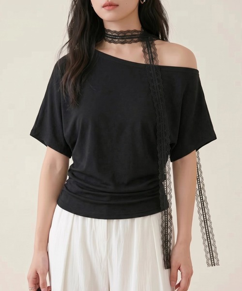 yuue' ( wear )(ユーイ)の「レーススカーフ付き オフショル半袖Tシャツ(Tシャツ/カットソー・レディース・ブラック系その他/ブラック/ホワイト・FREE)」の15枚目の写真