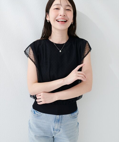 natural couture(ナチュラルクチュール)の「【sherbet line】接触冷感チュール×ニットレイヤードTOPS(ニット/セーター・レディース・ネイビー/ライトグレー/ブラック系その他/チャコールグレー/オフホワイト/ブラック/ライトベージュ・FREE)」の4枚目の写真