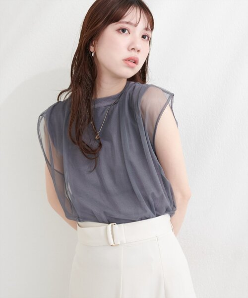 natural couture(ナチュラルクチュール)の「【sherbet line】接触冷感チュール×ニットレイヤードTOPS(ニット/セーター・レディース・ネイビー/ライトグレー/ブラック系その他/チャコールグレー/オフホワイト/ブラック/ライトベージュ・FREE)」の5枚目の写真