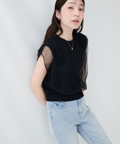 natural couture(ナチュラルクチュール)の「【sherbet line】接触冷感チュール×ニットレイヤードTOPS(ニット/セーター・レディース・ネイビー/ライトグレー/ブラック系その他/チャコールグレー/オフホワイト/ブラック/ライトベージュ・FREE)」の8枚目の写真