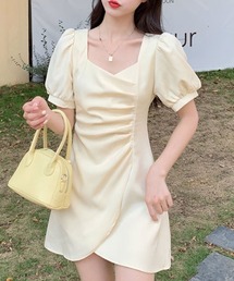 アシンメトリーギャザー半袖ミニワンピース