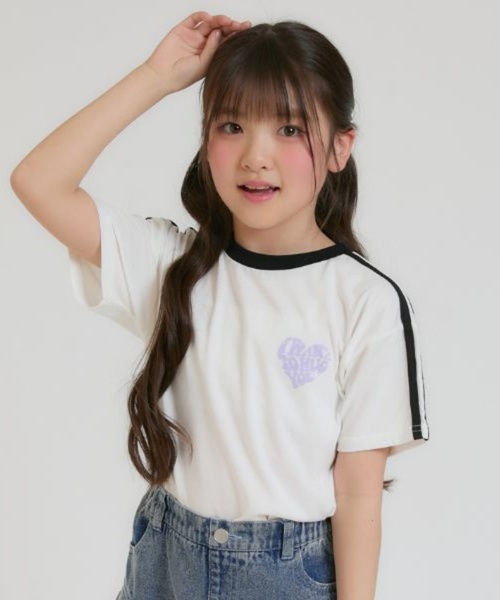 接触冷感】ハート袖ライン半袖Tシャツ（Tシャツ/カットソー）｜PINK