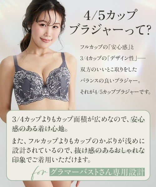 Nissen glamor(ニッセングラマー)の「【大きい胸】高嶺の4/5カップブラジャー 脇高 Fine Lace(E70~H80)(ブラジャー・レディース・ブルー/チャコールグレー・G65/G70/G75/G80/E70/E75/E80/F65/F75/F80/E85/E90/F85/H65/H80/H70/H75/F90/F70)」の5枚目の写真