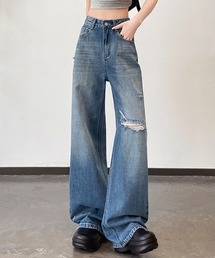 ダメージ加工 デニム ワイドストレート ロングパンツ