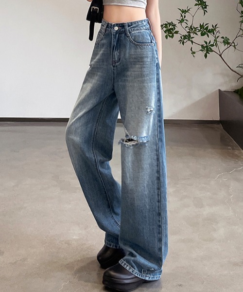 AMAJI（アマジ）の「ダメージ加工 デニム ワイドストレート ロングパンツ（デニムパンツ・レディース・ブルー・X-LARGE/LARGE/MEDIUM/SMALL）」の6枚目の写真