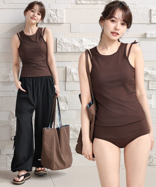 TeddyShop(テディショップ)の「【大きいサイズ有/ドロスト調節可】アメスリ風ダブルストラップタンキニ+カーゴ風リボンロングパラシュートラッシュパンツ 3点セット レディース水着(水着・レディース・ブラック×ホワイト/ダークブラウン/ブラック/チャコールグレー×ブラック/ホワイト×ブラック・LL/L/M/S)」の1枚目の写真
