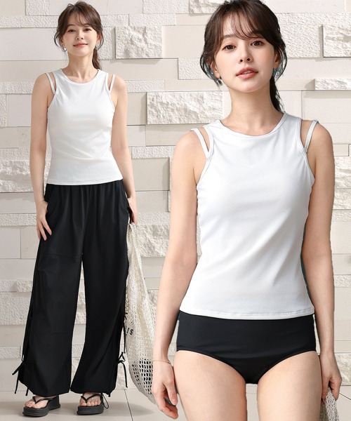 TeddyShop(テディショップ)の「【大きいサイズ有/ドロスト調節可】アメスリ風ダブルストラップタンキニ+カーゴ風リボンロングパラシュートラッシュパンツ 3点セット レディース水着(水着・レディース・ブラック×ホワイト/ダークブラウン/ブラック/チャコールグレー×ブラック/ホワイト×ブラック・LL/L/M/S)」の2枚目の写真