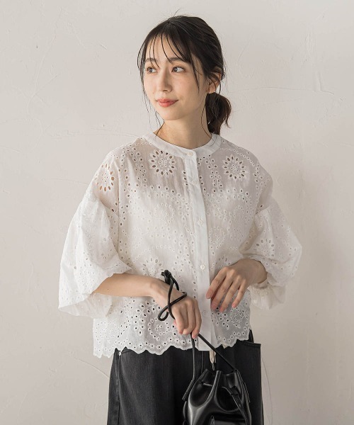 Droite lautreamont（ドロワットロートレアモン）の「カットワーク刺繍バンドカラーブラウス（シャツ/ブラウス・レディース・オフホワイト/ブラック・M）」の7枚目の写真