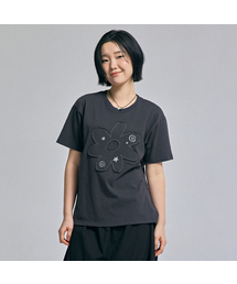 フラワーパッチワーク半袖Tシャツチャコール