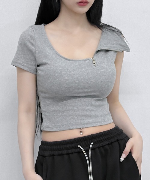 FOLLOWIN(フォロウィン)の「【カップ付き】 ワンショルダージップデザイントップス(Tシャツ/カットソー・レディース・ブラック/ホワイト/グレー・FREE)」の3枚目の写真