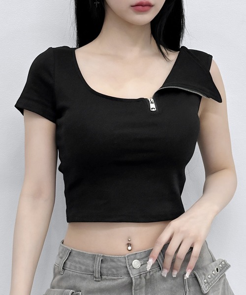 FOLLOWIN(フォロウィン)の「【カップ付き】 ワンショルダージップデザイントップス(Tシャツ/カットソー・レディース・ブラック/ホワイト/グレー・FREE)」の2枚目の写真