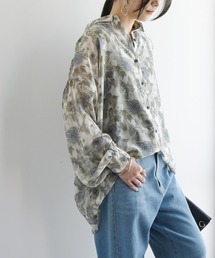 ニュアンス柄シアーシャツブラウスとテレコタンクトップセット