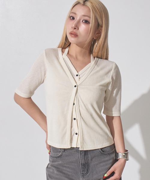 ANAP(アナップ)の「スラブニットソーカーディガンレイヤード風トップス(その他トップス・レディース・ブラック/アイボリー・F)」の11枚目の写真