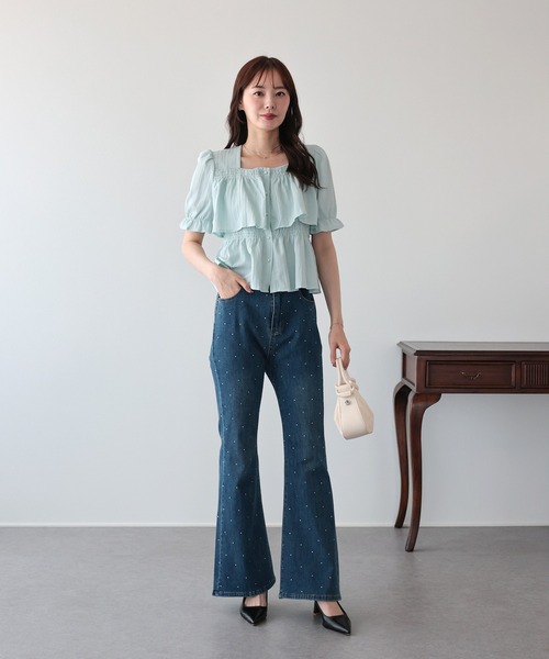 BLUEEAST(ブルーイースト)の「《2サイズ展開》ラインストーンフレアデニム(デニムパンツ・レディース・ネイビー/ブルー・MEDIUM/LARGE)」の13枚目の写真