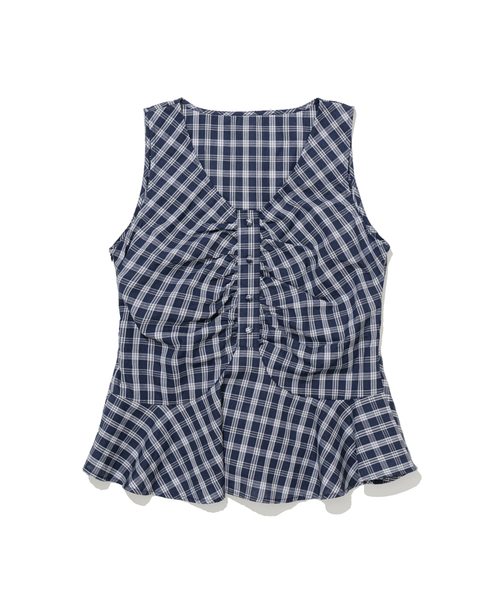 MOAA(モア)の「チェックシャーリングペプラムブラウス(Tシャツ/カットソー・レディース・ネイビー・MEDIUM/SMALL)」の1枚目の写真