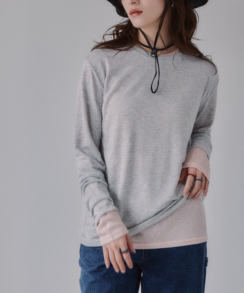 210nouve(トゥージュヌーブ)の「クルーネック シアートップス(Tシャツ/カットソー・レディース・サックスブルー/ピンク/ブラウン/ホワイト/ライトグレー/ブラック・FREE)」の4枚目の写真