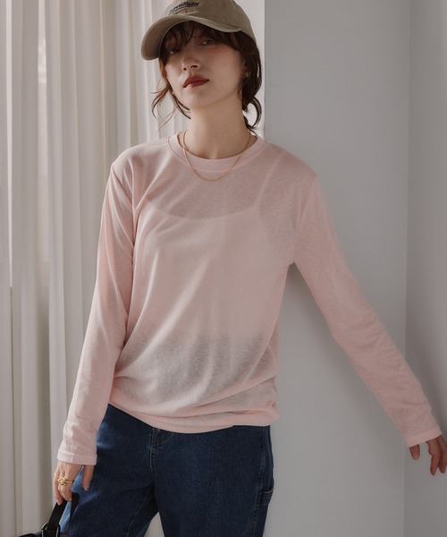 210nouve(トゥージュヌーブ)の「クルーネック シアートップス(Tシャツ/カットソー・レディース・サックスブルー/ピンク/ブラウン/ホワイト/ライトグレー/ブラック・FREE)」の14枚目の写真