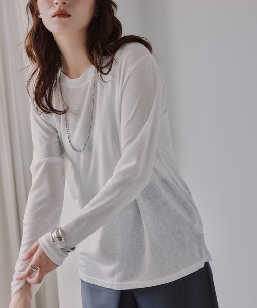 210nouve(トゥージュヌーブ)の「クルーネック シアートップス(Tシャツ/カットソー・レディース・サックスブルー/ピンク/ブラウン/ホワイト/ライトグレー/ブラック・FREE)」の19枚目の写真