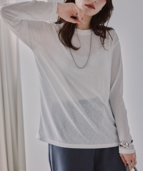 210nouve(トゥージュヌーブ)の「クルーネック シアートップス(Tシャツ/カットソー・レディース・サックスブルー/ピンク/ブラウン/ホワイト/ライトグレー/ブラック・FREE)」の10枚目の写真