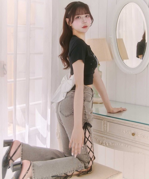 Belle Charme(ベルシャルム)の「【Belle Charme】 Side Lace-up Flare Denim(デニムパンツ・レディース・ベージュ/グレー・SMALL/LARGE/MEDIUM)」の2枚目の写真