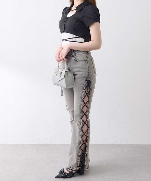 Belle Charme(ベルシャルム)の「【Belle Charme】 Side Lace-up Flare Denim(デニムパンツ・レディース・ベージュ/グレー・SMALL/LARGE/MEDIUM)」の7枚目の写真