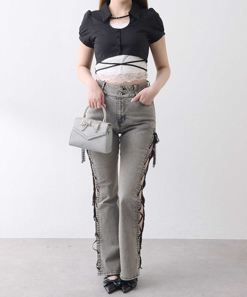 Belle Charme(ベルシャルム)の「【Belle Charme】 Side Lace-up Flare Denim(デニムパンツ・レディース・ベージュ/グレー・SMALL/LARGE/MEDIUM)」の5枚目の写真
