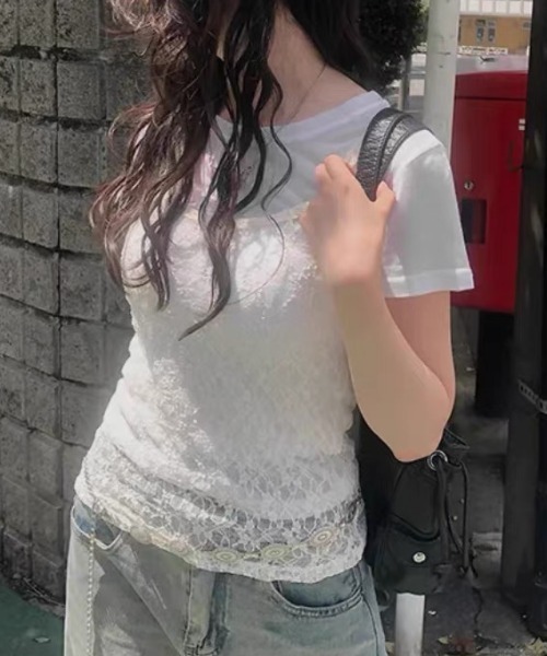 ampm（エーエムピーエム）の「レース キャミソール シアータンクトップ レイヤード レディース（キャミソール・レディース・ホワイト/ブラック・FREE）」の3枚目の写真