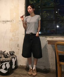 ウォッシュドバミューダデニムパンツ（ダークブルー）