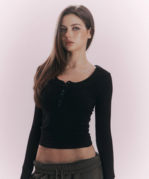Tanny Button Ribbed Long Sleeve Top (Black)