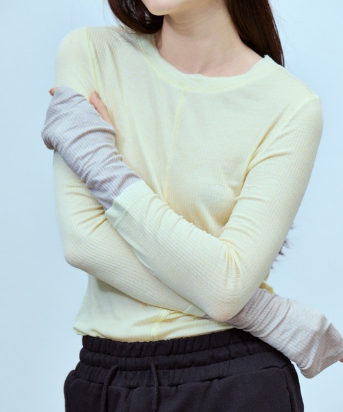 THINGS THAT MATTER(シングス ザット マター)の「TWO-TONE SHEER RIBBED TOPS / ツートーン シアー リブ トップス(Tシャツ/カットソー・レディース・サックスブルー/グレー/イエロー・FREE)」の3枚目の写真