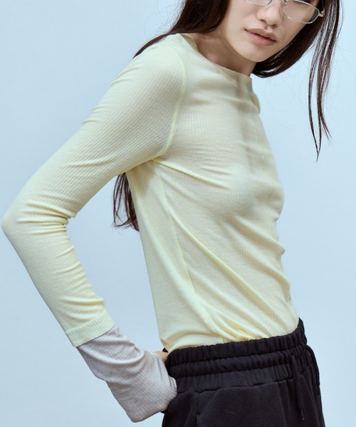 THINGS THAT MATTER(シングス ザット マター)の「TWO-TONE SHEER RIBBED TOPS / ツートーン シアー リブ トップス(Tシャツ/カットソー・レディース・サックスブルー/グレー/イエロー・FREE)」の11枚目の写真