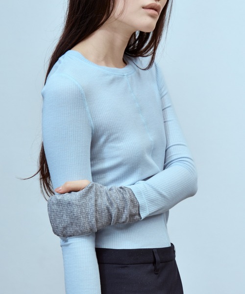 THINGS THAT MATTER(シングス ザット マター)の「TWO-TONE SHEER RIBBED TOPS / ツートーン シアー リブ トップス(Tシャツ/カットソー・レディース・サックスブルー/グレー/イエロー・FREE)」の6枚目の写真