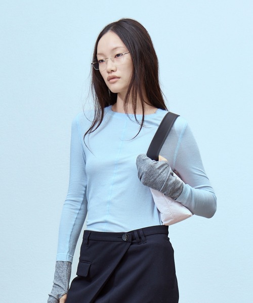 THINGS THAT MATTER(シングス ザット マター)の「TWO-TONE SHEER RIBBED TOPS / ツートーン シアー リブ トップス(Tシャツ/カットソー・レディース・サックスブルー/グレー/イエロー・FREE)」の4枚目の写真