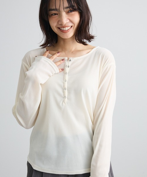 Green Parks(グリーンパークス)の「ヘンリーネックシアーベロアプルオーバー(Tシャツ/カットソー・レディース・アイボリー/ピンク/ブラック/ブラウン・FREE)」の2枚目の写真